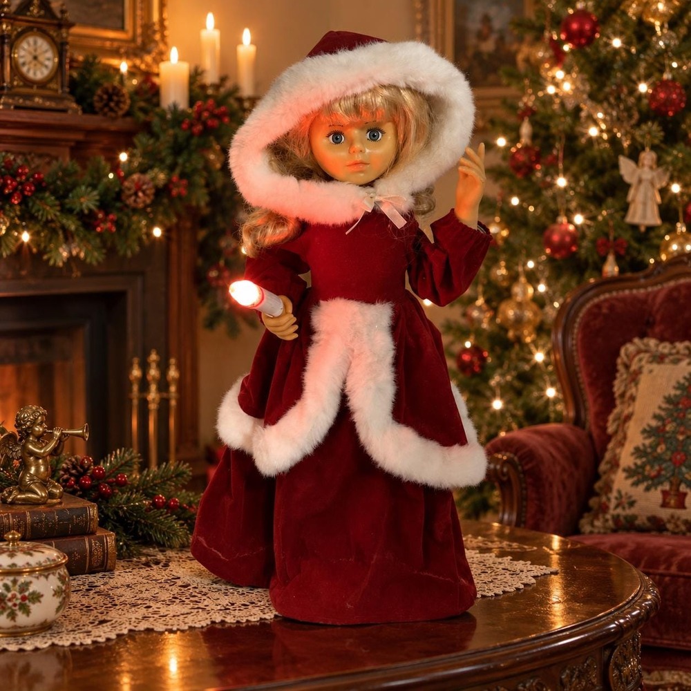 Vintage 1990s Animated Christmas Caroler Doll Lighted Candle Red Velvet 24 Inch